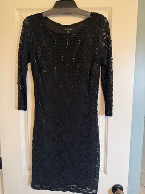 MARINA Black Lace Sequin Long Sleeve Sheath Dress